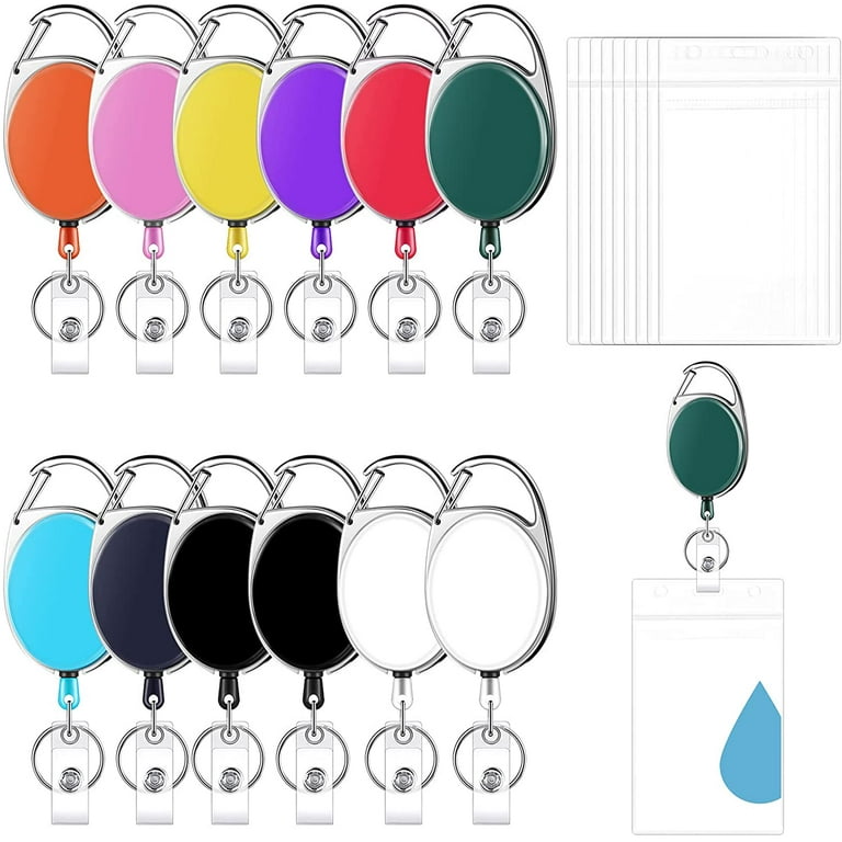 12 Pieces Retractable Badge Holders Metal ID Badge Reel with Clip and Key  Ring, Solid Color Nursing Name Badge Holder and 12 Waterproof Vertical ID