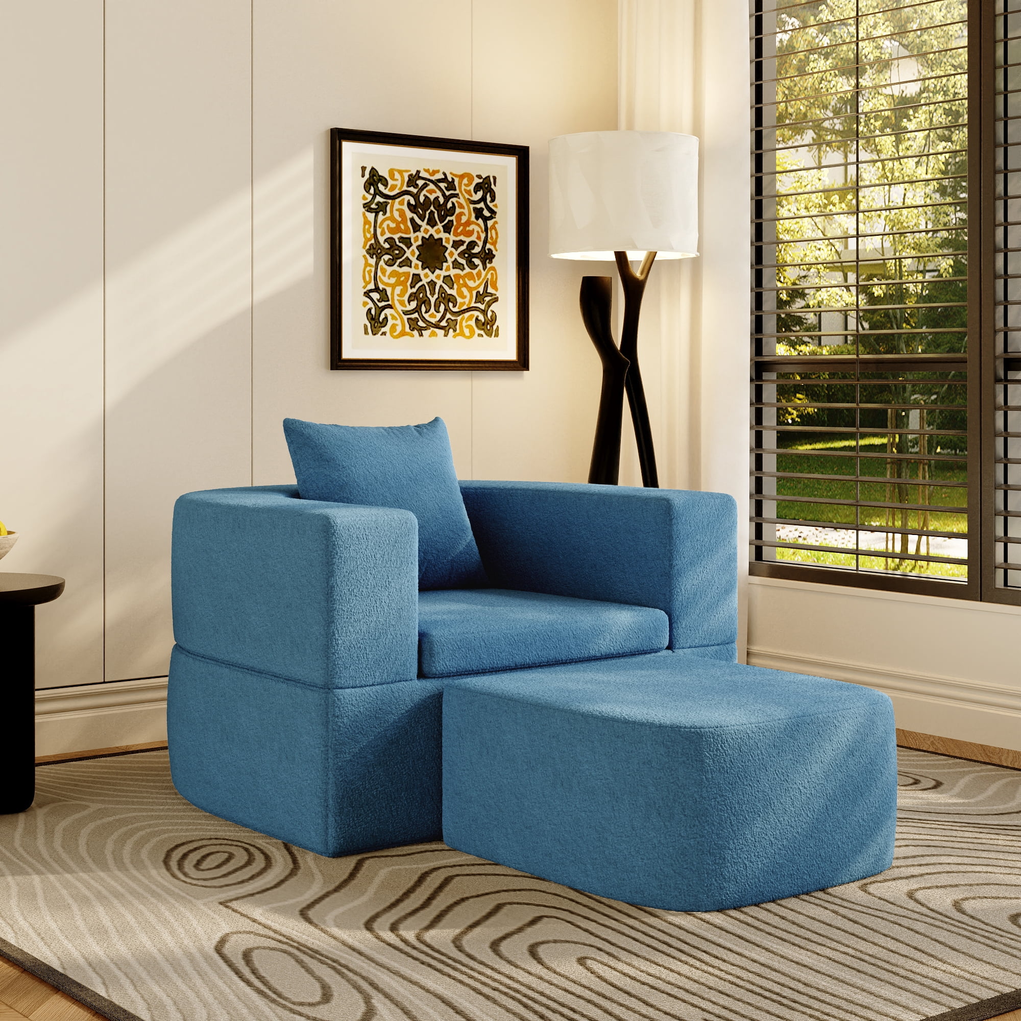 The Magic Home 41" Futon Sofa Bed Teddy Fleece Futon Couch Convertible Sleeper Floor Sofa Bed Upholstered Couch Reading Chair for Living Room, Blue Couch, No Assembly