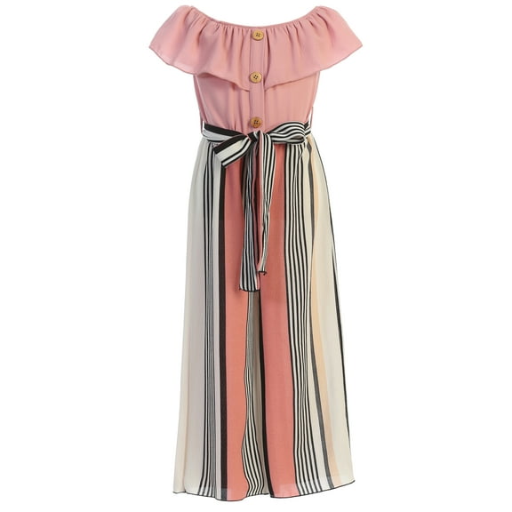Little Girls Sleeveless Cold Shoulder Ruffle Chiffon Belt Summer Romper Jumpsuit Rose 4 (2J1K7S1)
