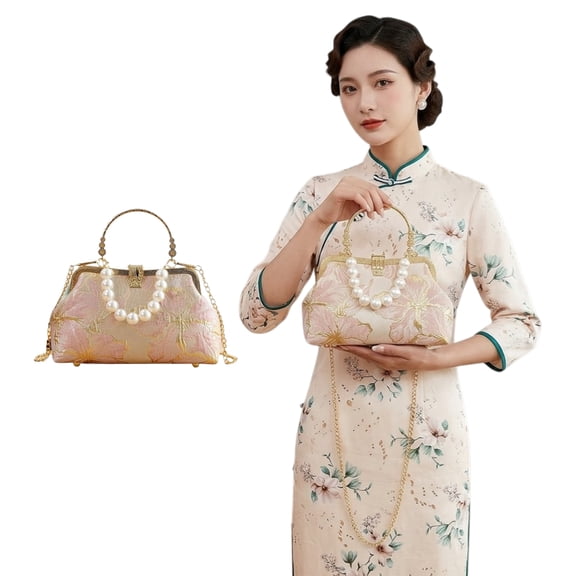 LAPTOM MAX 1 Pack Pink Lily Embroidered Evening Bag, Vintage Pearl Floral Clutch with Chain, Detachable Crossbody Purse for Wedding Party, Pink