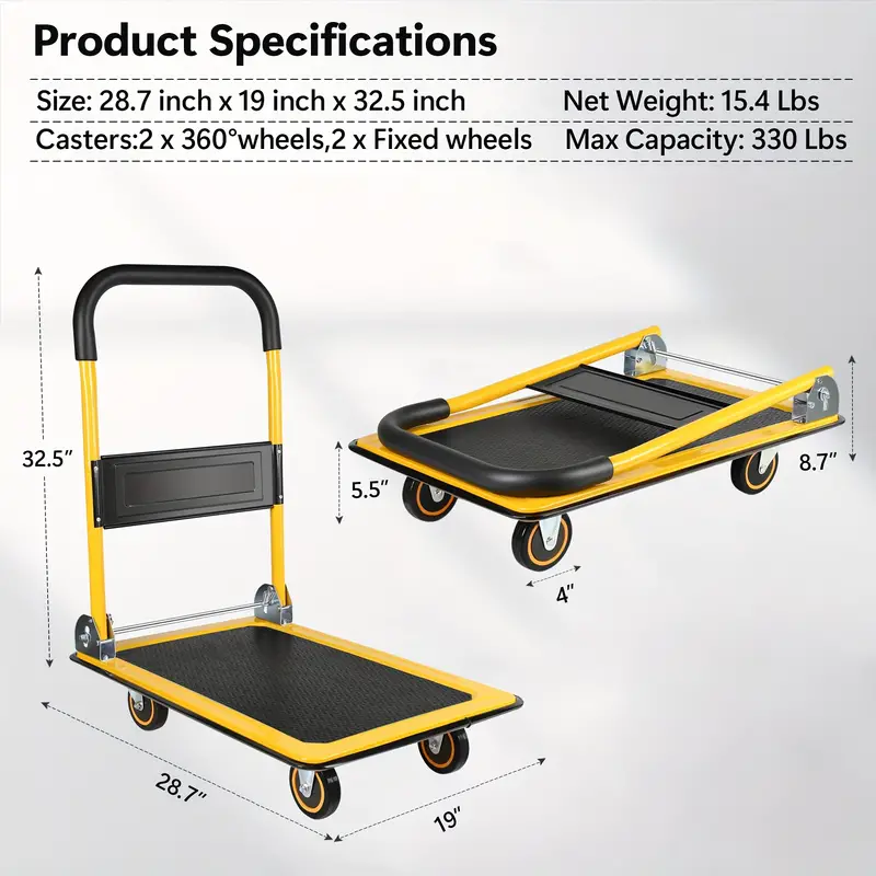 BEIMIMU Foldable Platform Truck, Push Dolly 330 LBS Weight Capacity, 360 Rolling, Folding Hand Truck for Luggage, Travel, Office, House (Yellow and Black) (28.7" x 19" x 32.5")