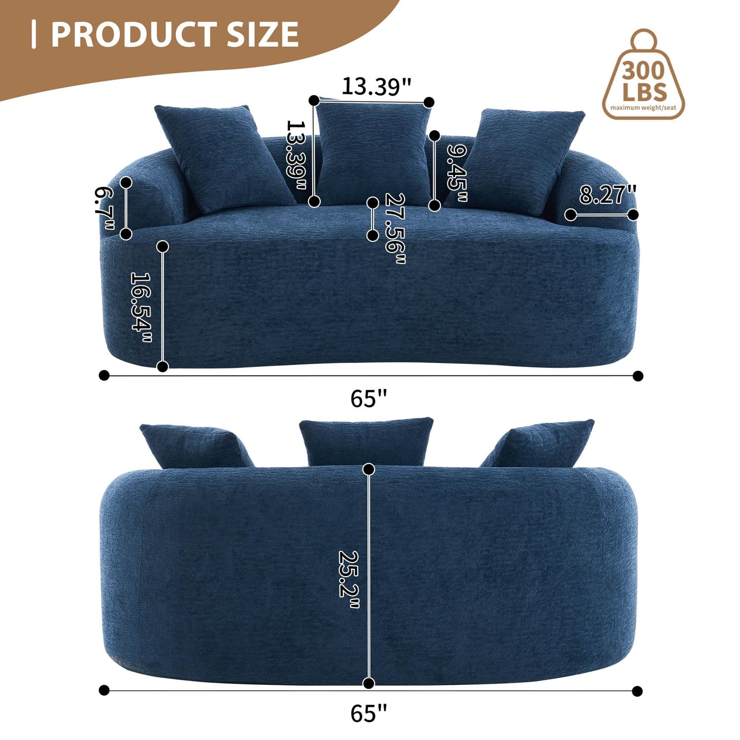 Demi Bonn 65" Compact Curved Loveseat Sofa with Chenille Fabric, Full Compression Sponge for Small Spaces, Supports up to 300 lbs, No Assembly Needed, Blue