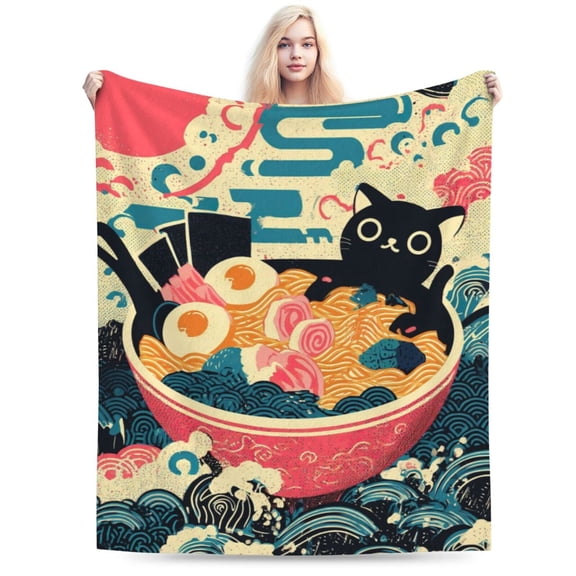 Kawaii Anime Black Cat Ramen Blanket, Japanese Food Art, Soft Flannel Fleece, Gift for Anime Fans 50x40