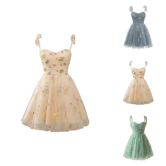 Tie Strap Tulle Prom Dresses for Women Sweetheart Neck Flower Embroidery A Line Mini Dress Formal Party Homecoming Dresses