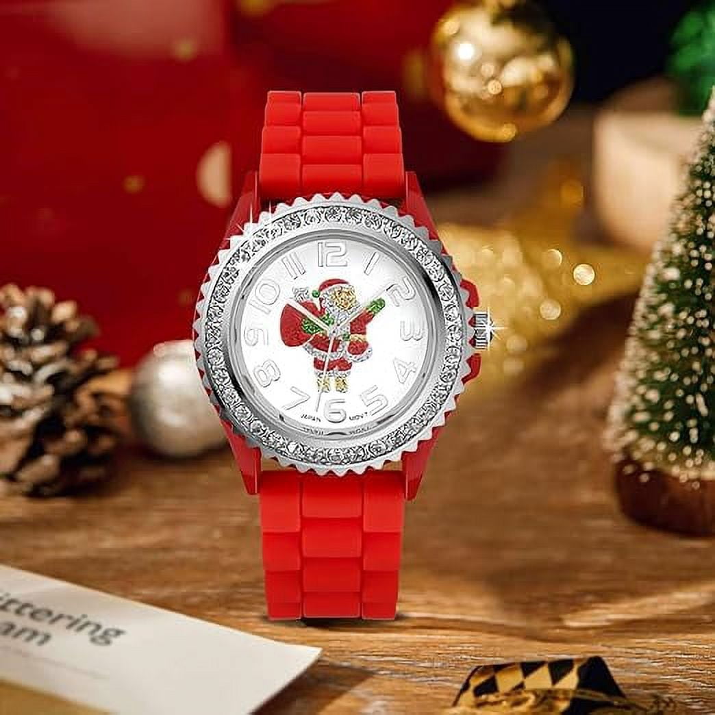 Blekon Christmas Tree Women Watch Crystals Studded Alloy Case Silicone Strap White Dial Santa Claus Analog Watches
