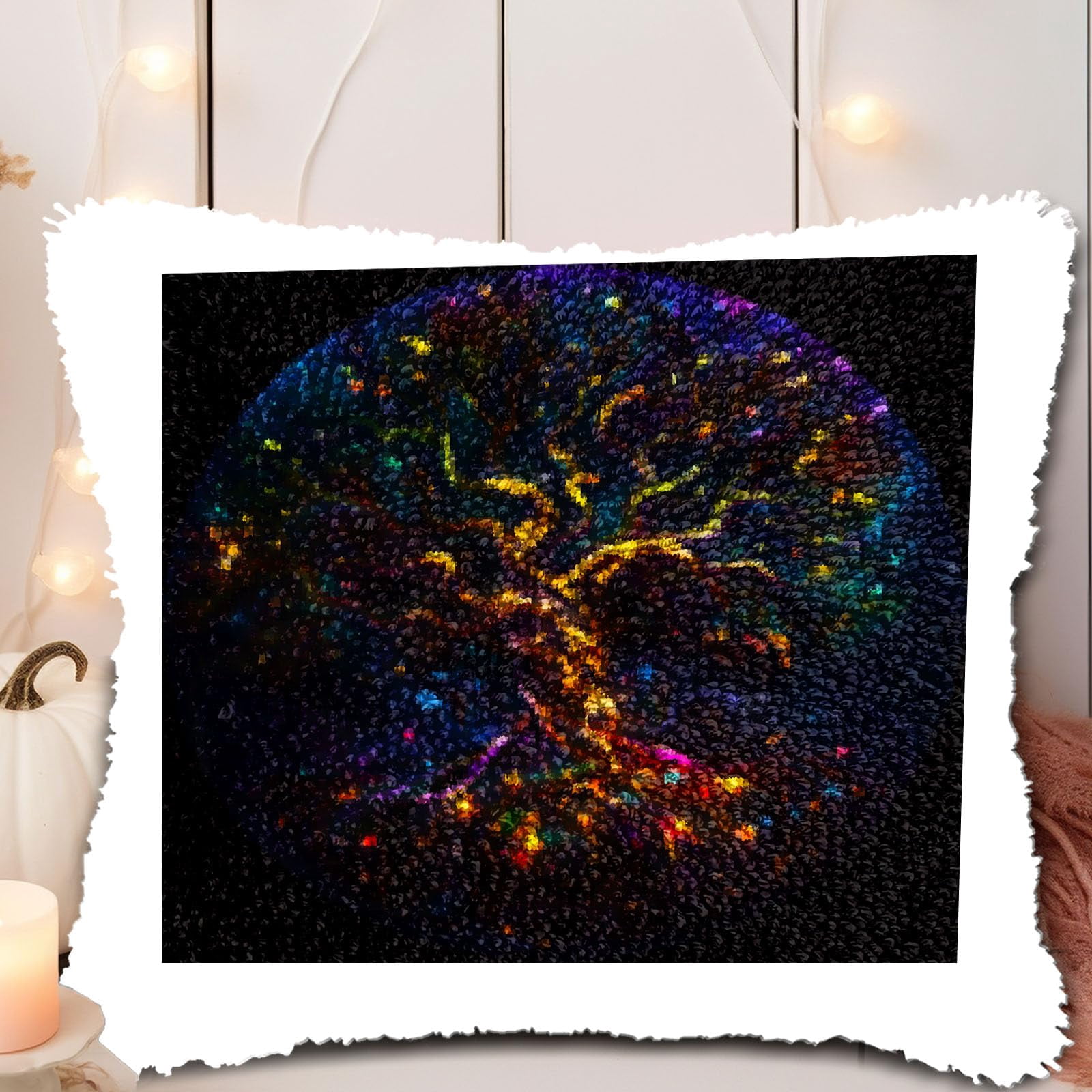 Colorful Tree Shining Sky DIY Latch Hook Pillow Kits for Adults Printed Pillowcase Crochet Yarns Hooking Handmade Pillow Cover Cushion for Home Sofa Decoration 17x17inch(3)