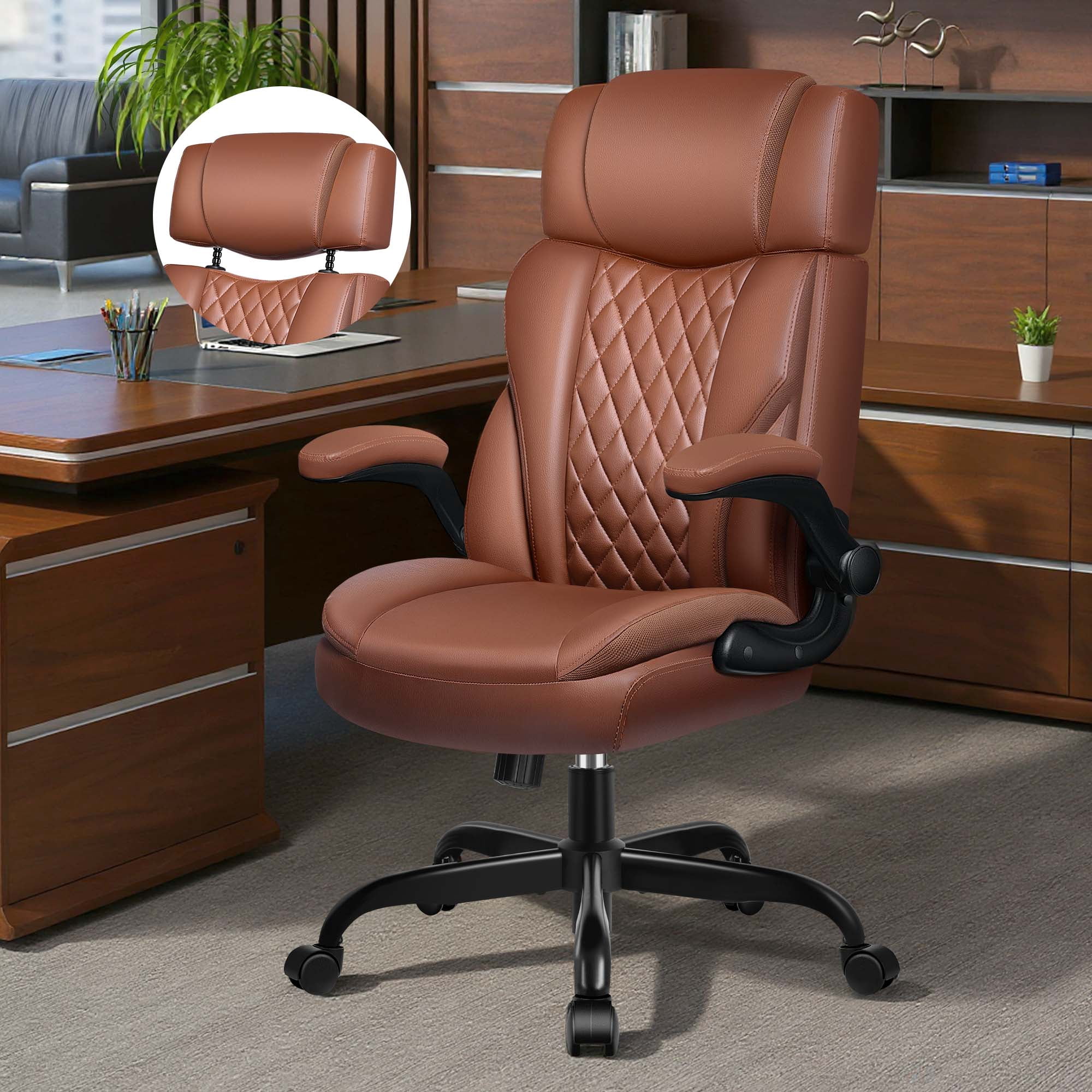 FASTES Leather Office Chair, Executive Desk Chair with Flip Up Arms, Ergonomic Computer Desk Chairs Home Office Chair with Adjustable Headrest and Rocking Function, Brown