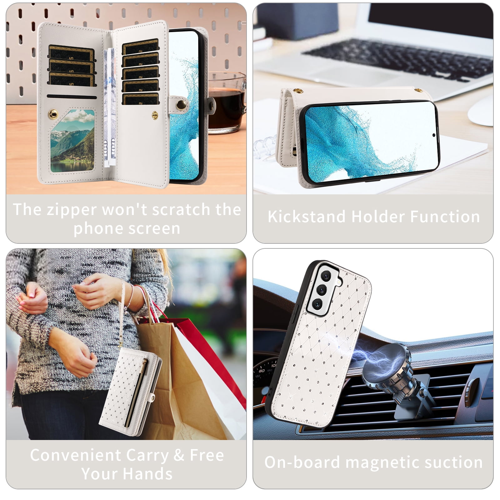 Asuwish Phone Case for Samsung Galaxy S22 5G Zipper Wallet Detachable Cell Cover with Tempered Glass Screen Protector Crossbody Lanyard Strap Bling Glitter Flip Card Holder Slot S 22 22S Women White