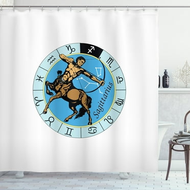 Zodiac Sagittarius Shower Curtain, Centaur Archer Shooting Arrow Mythical Greek Figure Constellation Design, Fabric Bathroom Set with Hooks, 69W X 70L Inches, Multicolor, by Ambesonne