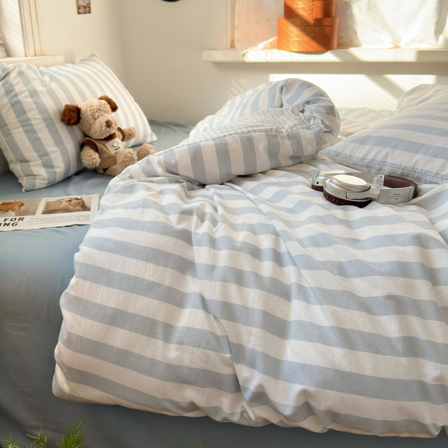 Duvet Cover Stripes Blue White Bedding Microfiber Duvet Cover Sets with Zipper Queen Size