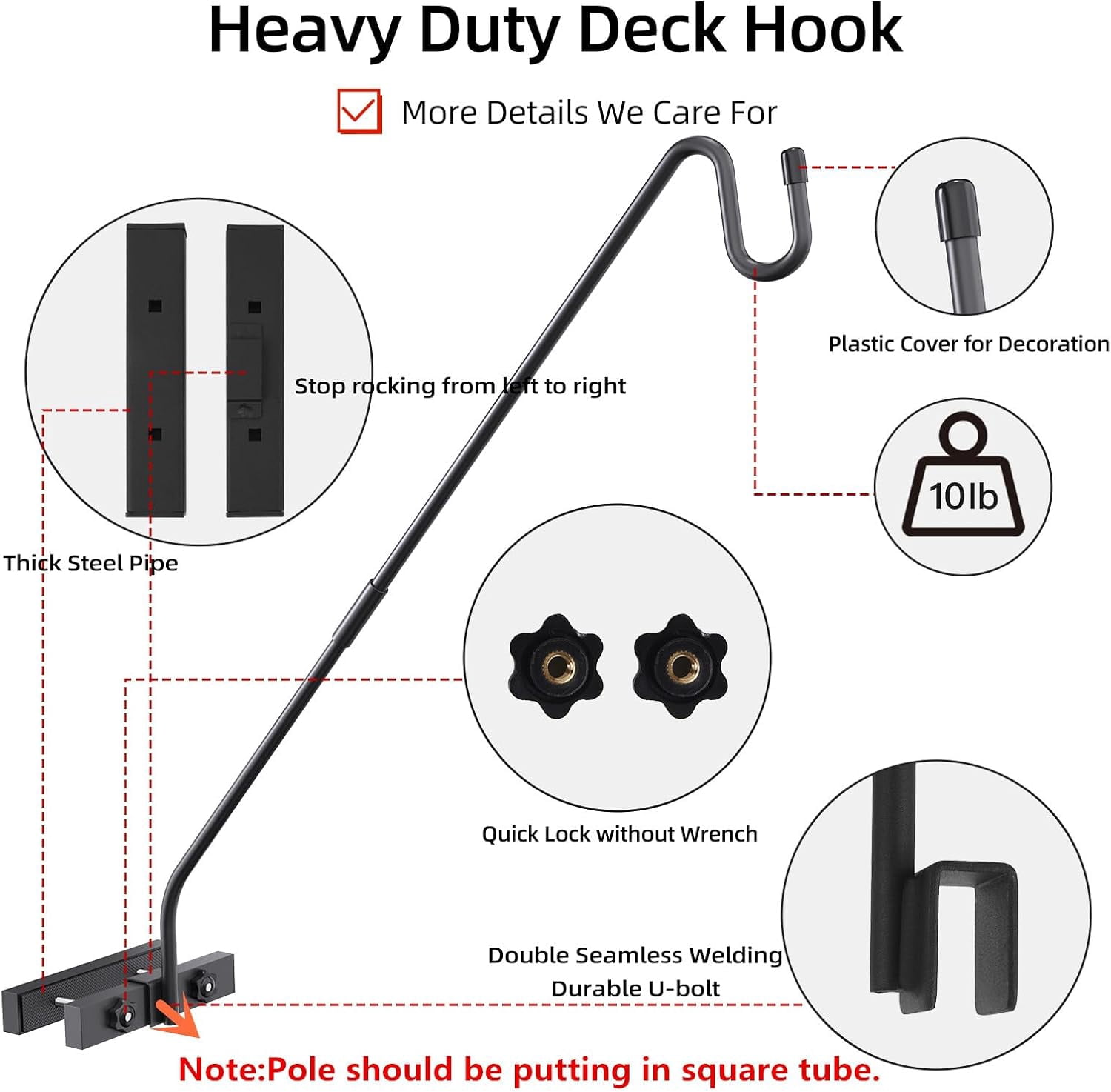 Deck Hook Railing Mount - Heavy Duty Metal Shepherds Bracket for Outdoor Plant Hanger, Bird Feeder Hooks, Flower Baskets, Lanterns 360° Rotating Pole, Extended Arm