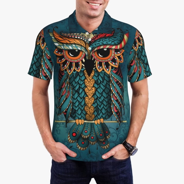 Balery Owl In Blue Camisa Polo de Hombre con Estampado, de Manga Corta y Tejido Medio, Camisa Tipo Golf Polo-Medium