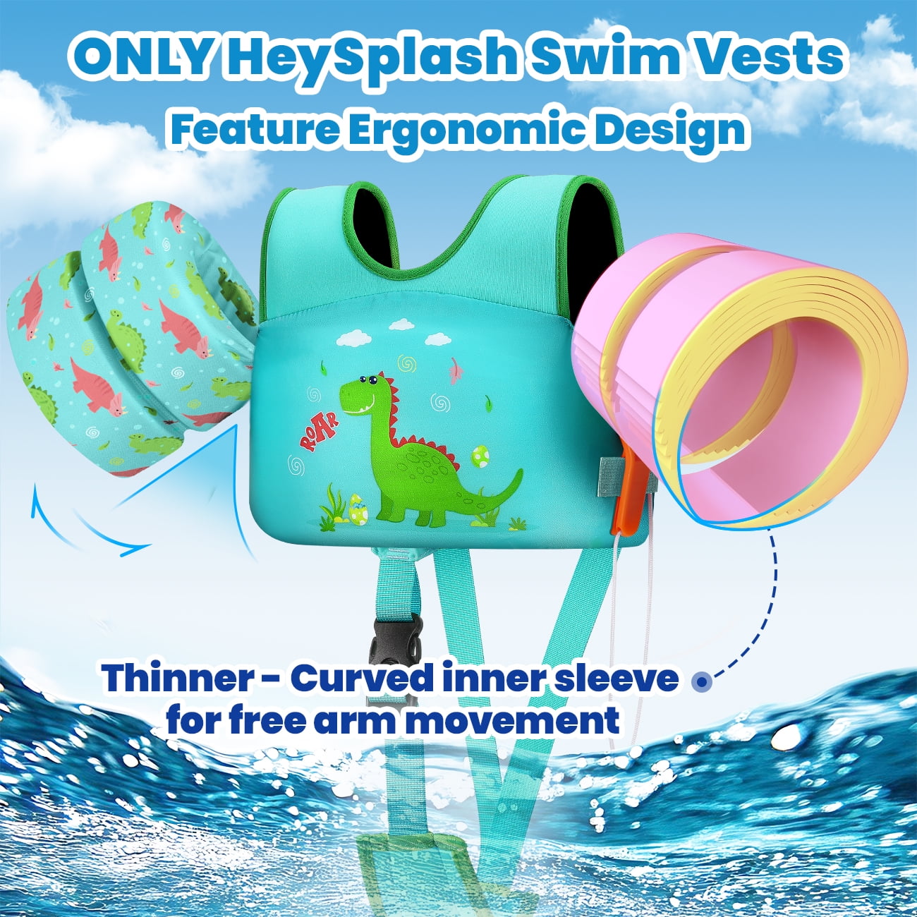 HeySplash Swim Vest For Kids,Arm Floaties with Adjustable Strap Fit 22-30 Lbs Kids,Pool Sea Swimming Aid,Green Dinosaur