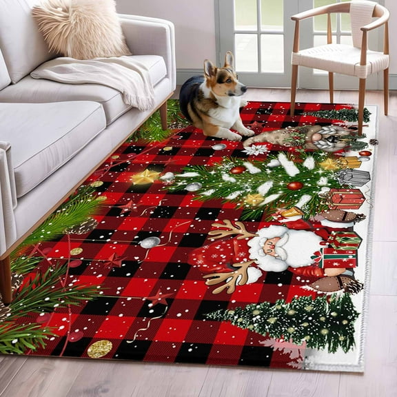 Red Plaid Christmas Area Rug 3x5 Washable Rug Non Slip Gnomes Xmas Tree Snowflake Winter Gifts Large Area Rug Indoor Floor Carpet for Entryway Bedroom Kitchen Living Room Office Dining Room Nursery