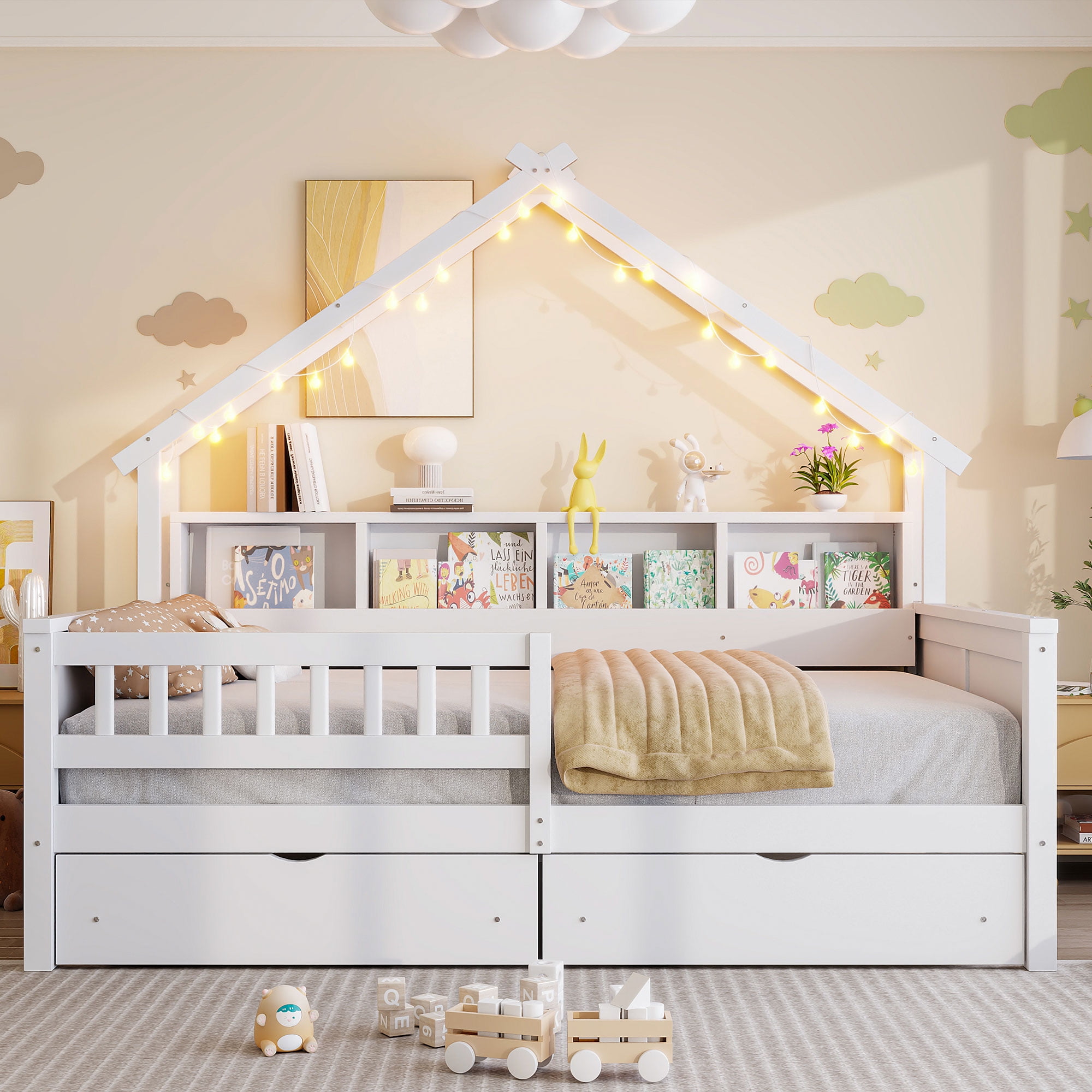 Duxelifin Full Kids Platform Bed with Storage Drawers & Shelves, House Platform Bed Frame with LED and Guardrail for Kids, White