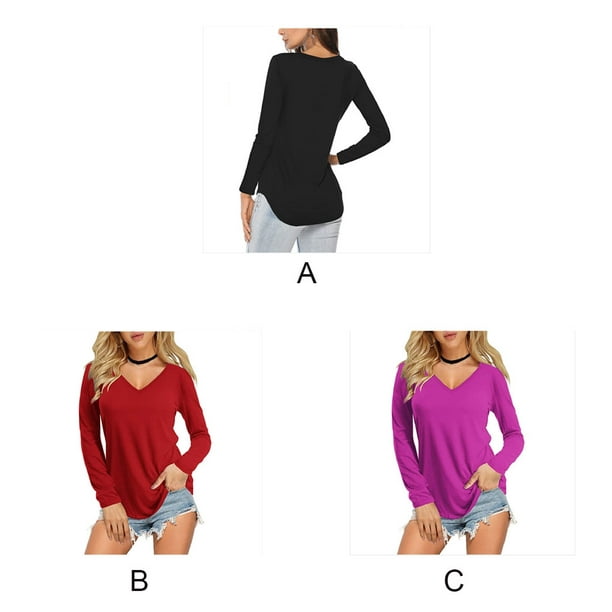 Woman T-shirt Long Sleeve Casual V Neck Solid Sports Spring Autumn Color Ladies  Tops Leisure Pullover Sports Hip Length Girl Clothes Top Black XL 