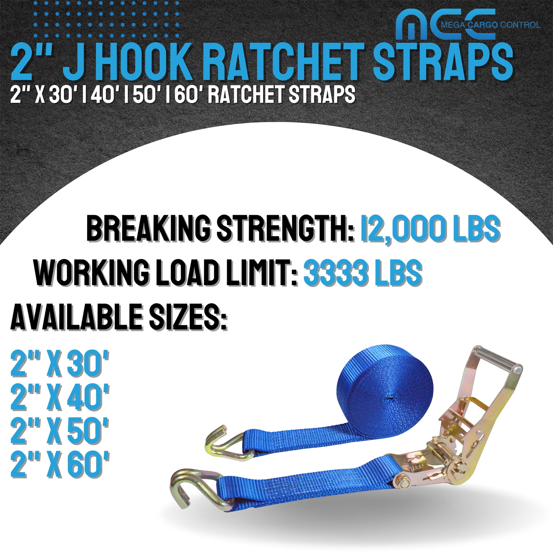 Mega Cargo Control USA Heavy Duty 2" x 60' Ratchet Strap J Hook Flatbed Truck Farm Tie Down 4 Pack