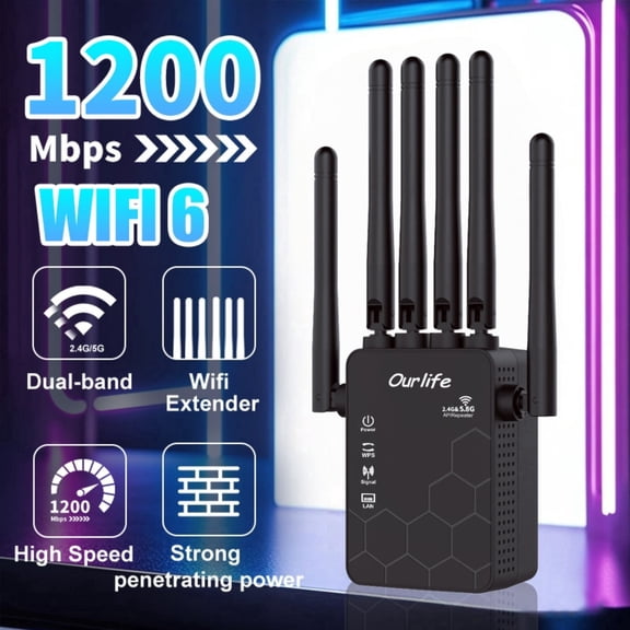 Ourlife 2026 Dual Band WiFi Range Extender, 2.4GHz & 5GHz Signal Booster Repeater with 1200Mbps Speed, Wall-Through WiFi Amplifier, Covers up to 10000 Sq.ft (Black)