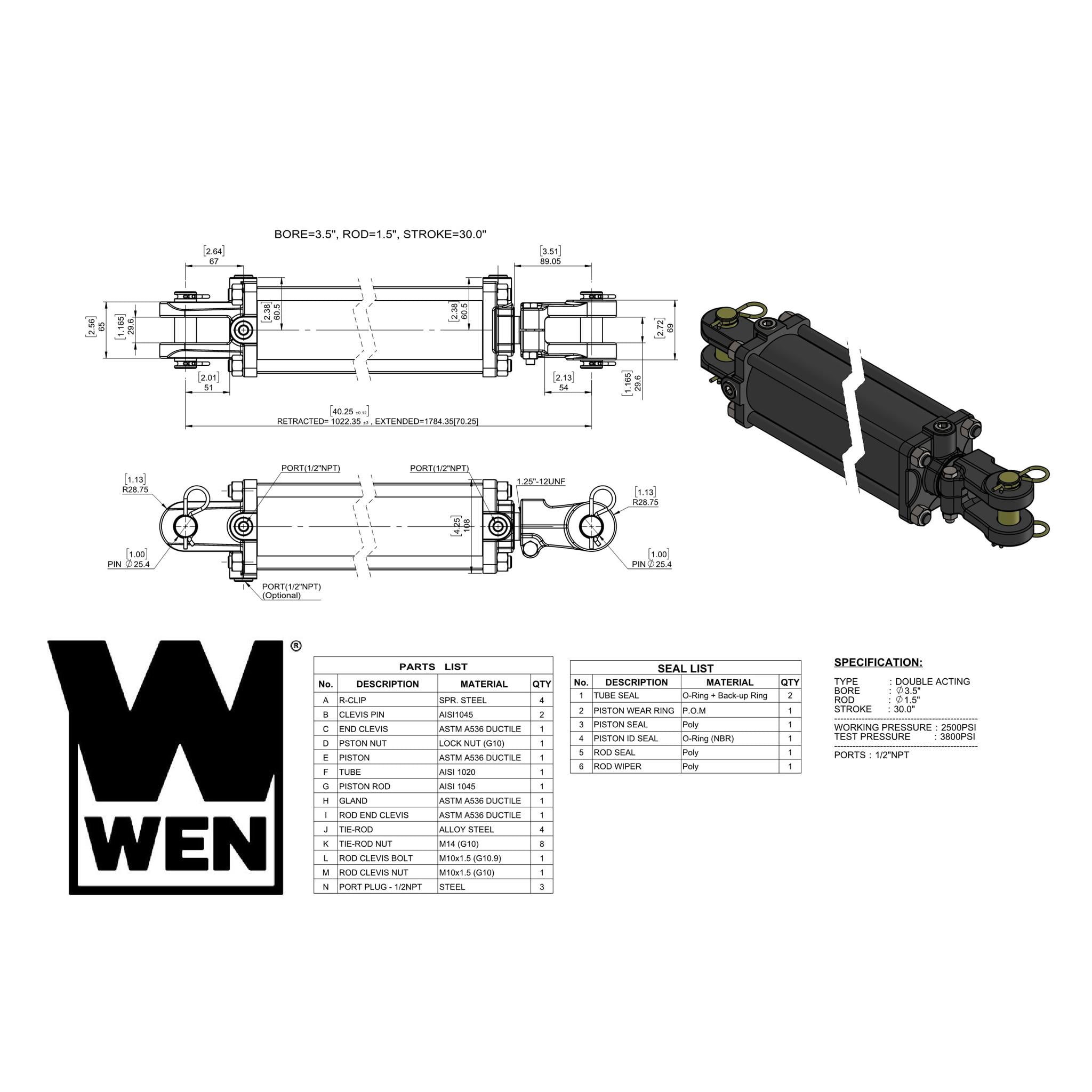 WEN 2500 PSI Tie Rod Hydraulic Cylinder with 3.5 in. Bore and 30 in. Stroke (TR-3530)