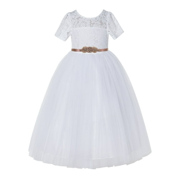 Ekidsbridal Girl Bridesmaid Flower Girl Dress - White Short Sleeves Lace Tulle with Rhinestone Ribbon LG2R1-A (Size: 2-12)