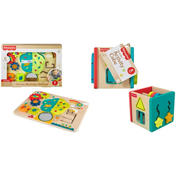 Fisher-Price Wooden Activity Station & Busy Cube Baby Toy Bundle for Fine Motor Play, 2 Wood Pieces