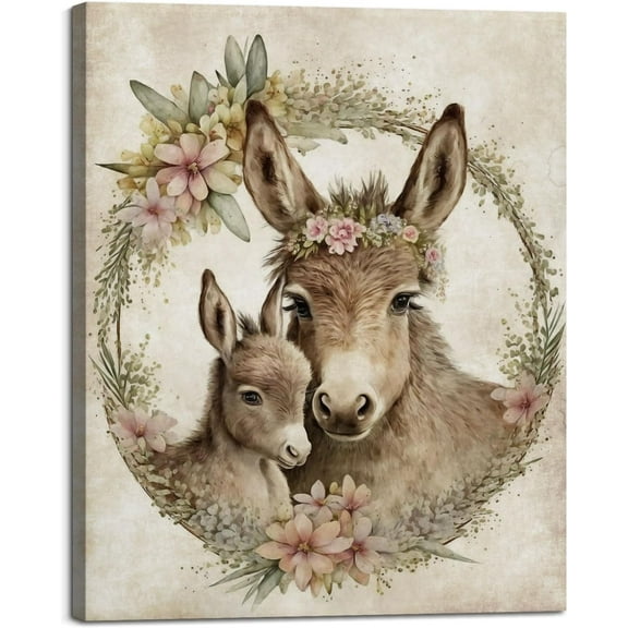 Aaheei Rustic Animal Portrait Wall Décor Painting Lovely Donkey Flower Wreath Canvas Wall Art Farmhouse Poster Print Mural Vintage Artwork for Living Room Bedroom Nursery Home Decor