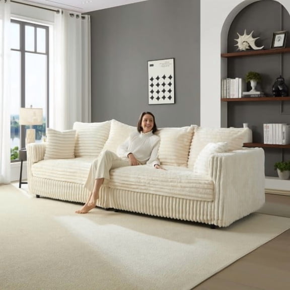 104.3" Plush Corduroy 4-Seat Sofa, Modern Comfy Cloud Couch with Deep Seat and Soft Pillows, Upholstered Convertible Lounge Sofa for Living Room Bedroom Apartment, Beige and White