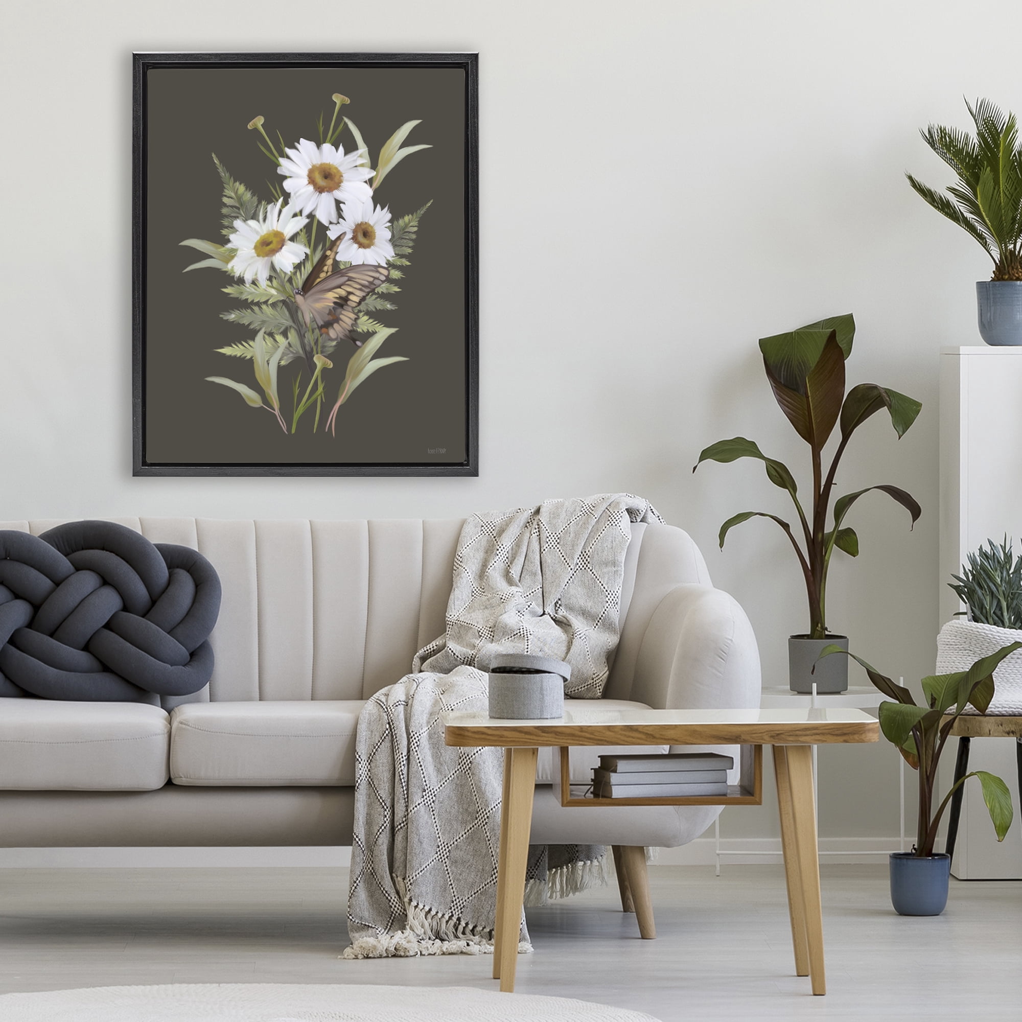 Stupell Industries Daisy Bouquet with Swallowtail Black Framed Floater Canvas Wall Art, design by House Fenway
