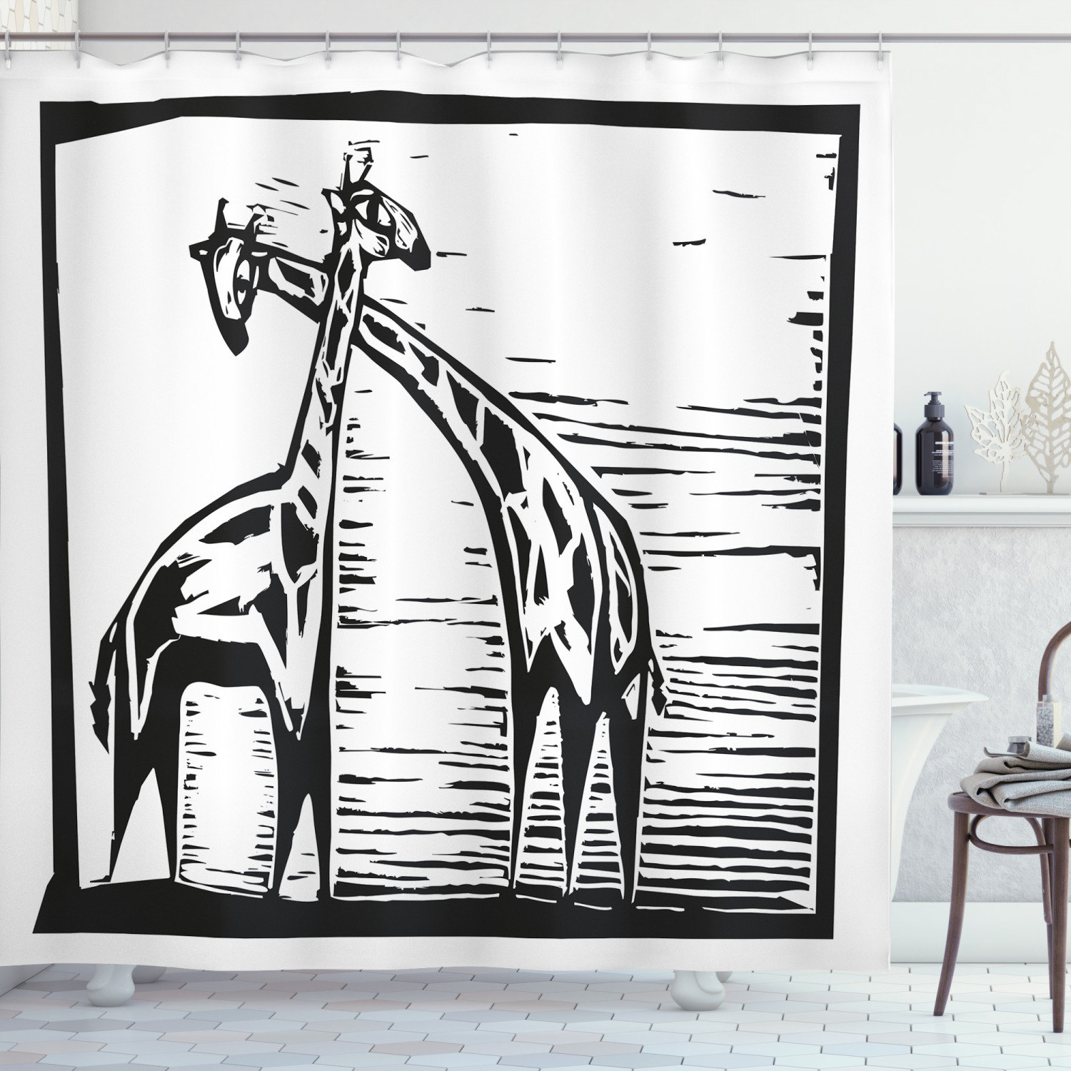 Giraffe Shower Curtain, Woodcut Style African Endemic Animals Fauna