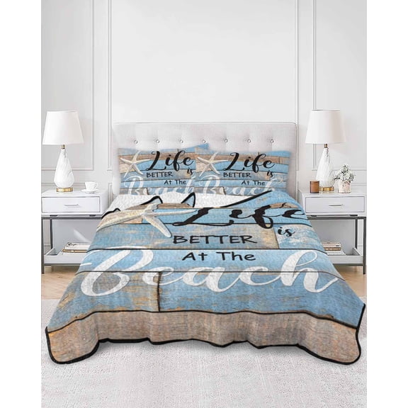 Quilts Queen Size, Blue Beach Soft Comforter Bedding Set for Bed, Coastal Starfish Graffiti Retro Wooden Plank Lightweight Quilted Bedspread with Pillow Cover(2 Pieces) for All Season, 90x96 Inch