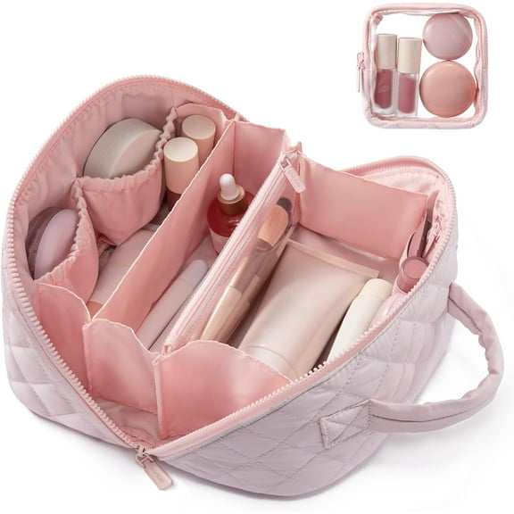 Travel Makeup Bag for Women, 2Pcs Puffer Waterproof Cosmetic Organizer, Large Capacity Pouch Open Flat Small Toiletry Bag with Brush Compartment & Handle (Pink, Medium)