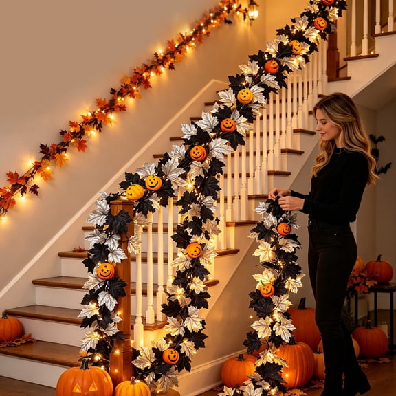 Halloween Pumpkin Vine Garland with LED Lights Black Silver Maple Leaves Hanging Decor for Staircase Mantel Door 68.9 Inch