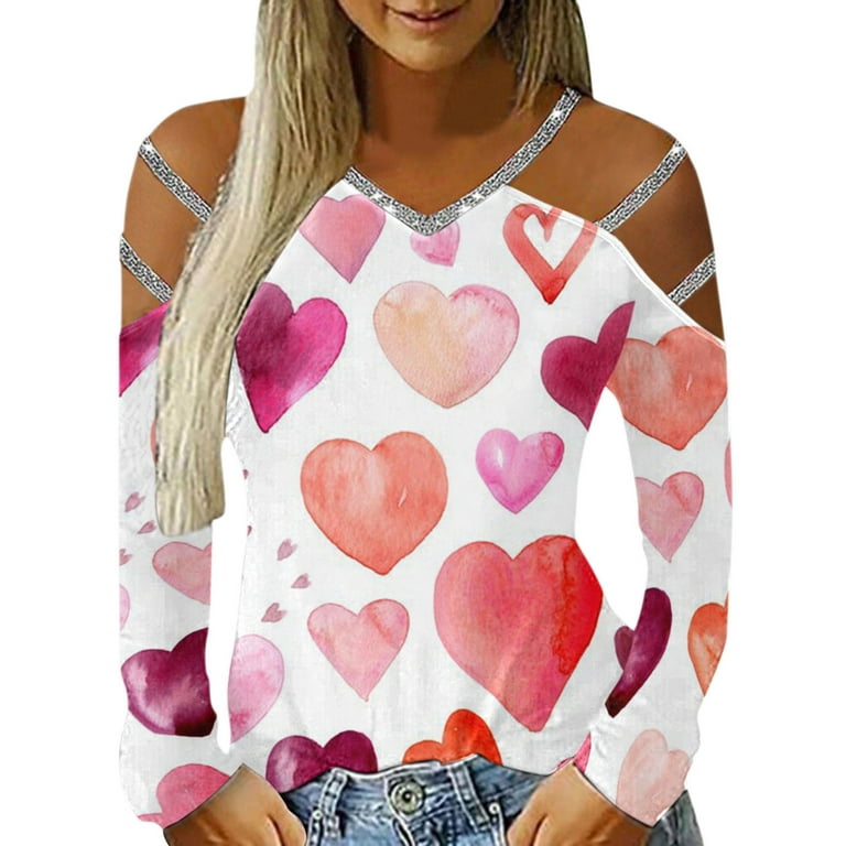 HUANCALY Valentine's Day Womens T Shirts Lace Up Colorful Print Long,Overstock  Items Clearance All,Under 10.00 Dollar Items for Women,My cart Items,My  Past Orders