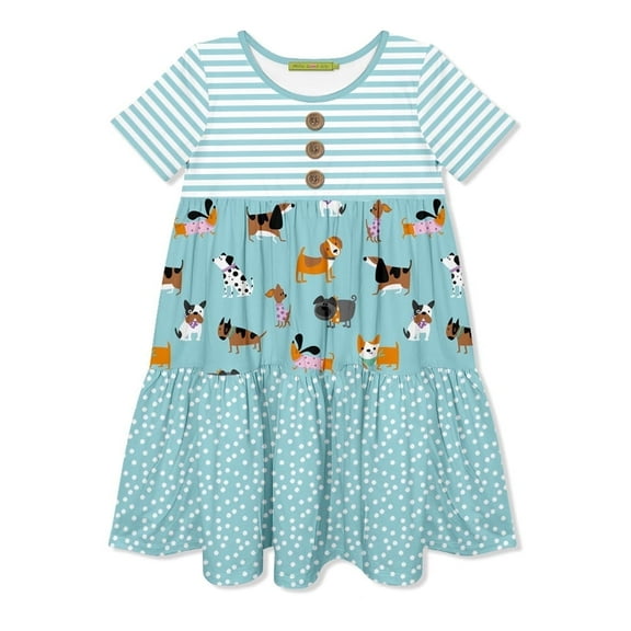 Millie Loves Lily Girls Nile Blue Doggie Printed Tiered Short Sleeve Dress Size (3T-12)