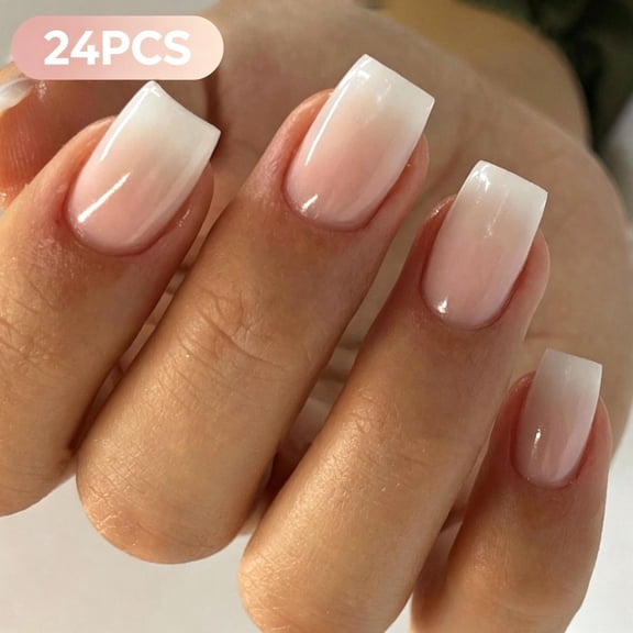 24PCS Short Square Press On Nails, White Nude Pink Gradient Full Cover Glossy Acrylic Fake Nails Reusable Glue On False Nail Tips for Daily Casual Bridal Minimalist Elegant Women Nail Art Decoration