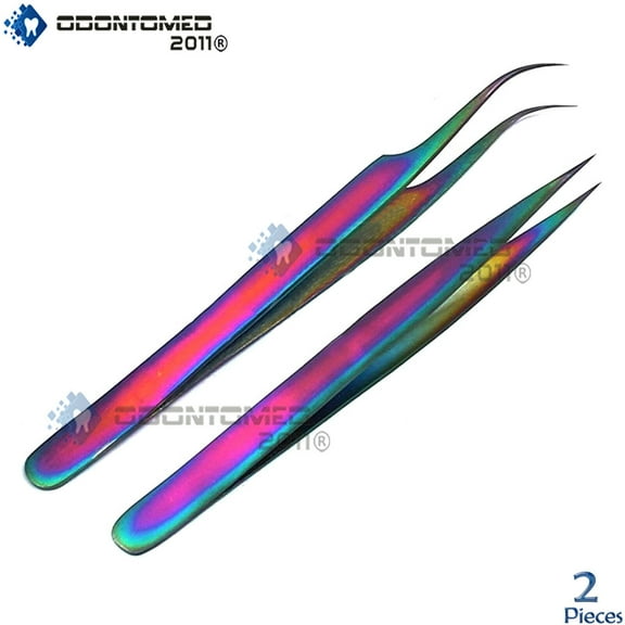 OdontoMed2011 2 Pcs Eyelash Extension Tweezers Straight & Curved Rainbow Stainless Steel Set