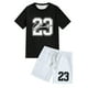 thumbnail image 2 of Playeras Cuello V Para Hombre, Conjunto De 2 Piezas De Camiseta De Manga Corta Con Cuello Redondo Y Pantalones Cortos Con Cordón Y Estampado De Letras Y Números, Adecuado Para El Verano, 2 of 5
