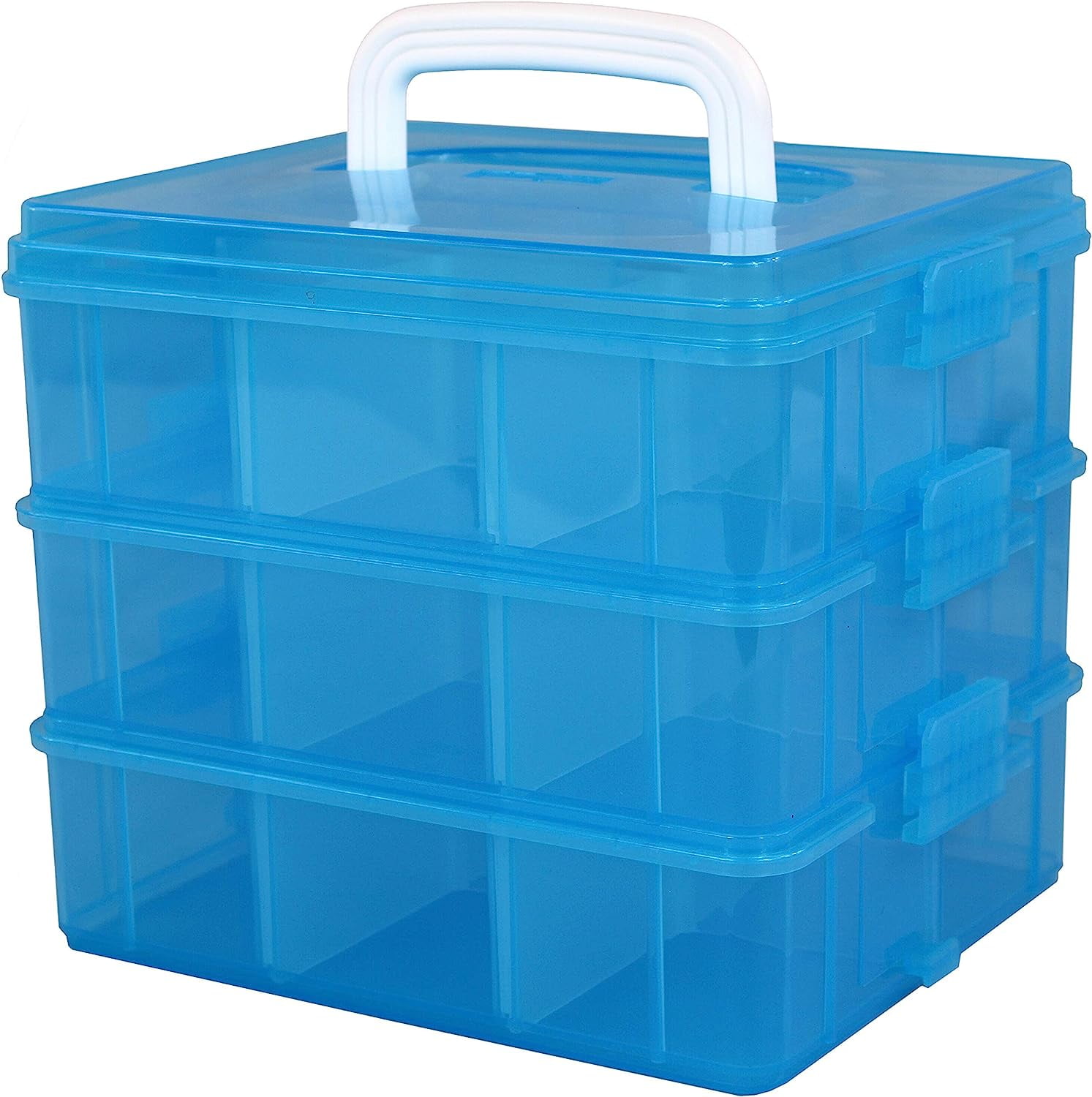 Craft Storage Container, 3-Tier Stackable Storage Container with 18 Adjustable Compartments for Art Supplies, Beads, Washi Tapes, Seed, Hair Accessories, Nail - Blue