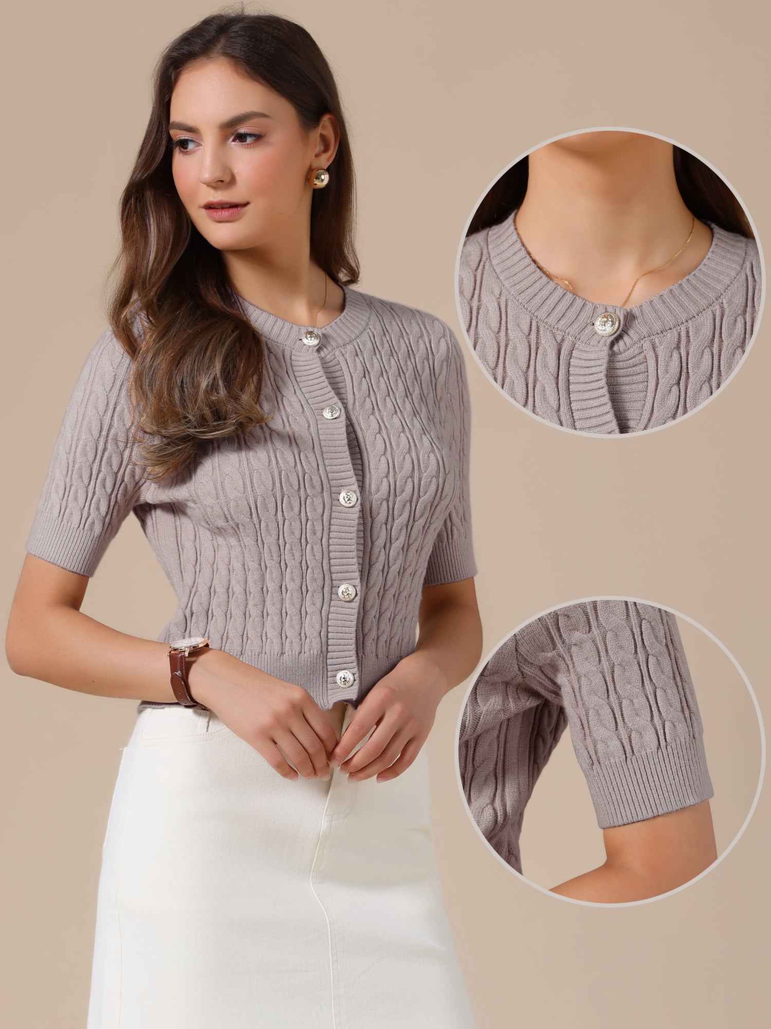 DARING DIVA Women's Short Sleeve Button Down Cable Knit Dressy Sweater S Grey