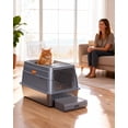 thumbnail image 2 of Powools Cat Litter Box - Stainless Steel Litter Box with Lid for Kitty, Metal Base Enclosed Cat Box with Litter Scoop, Elevated Step Box, Activated-Carbon pack, 16.1" x 12.2" x 14.0", Grey, 2 of 8