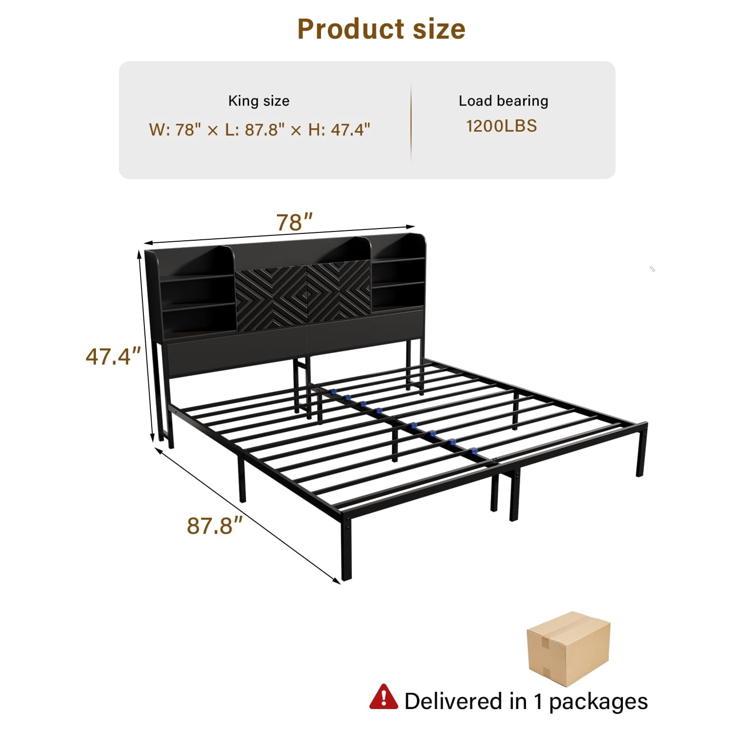 Farmhouse King Size Bed Frame with Move Storage Headboard & 2 Drawers, Platform Bed Frame with 3-in-1 Charging Station, Upholstered Bed Frames with Metal Slats Support