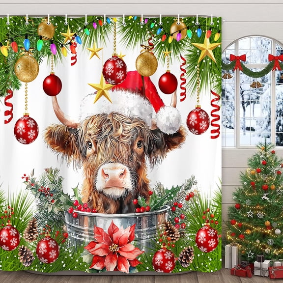 Christmas Highland Cow Shower Curtain, Winter Funny Cute Animals Xmas Flowers Shower Curtains Set for Bathroom, Farmhouse Western Cow Christmas Holiday Fabric Bathtub Decorative with Hooks, 69X70IN