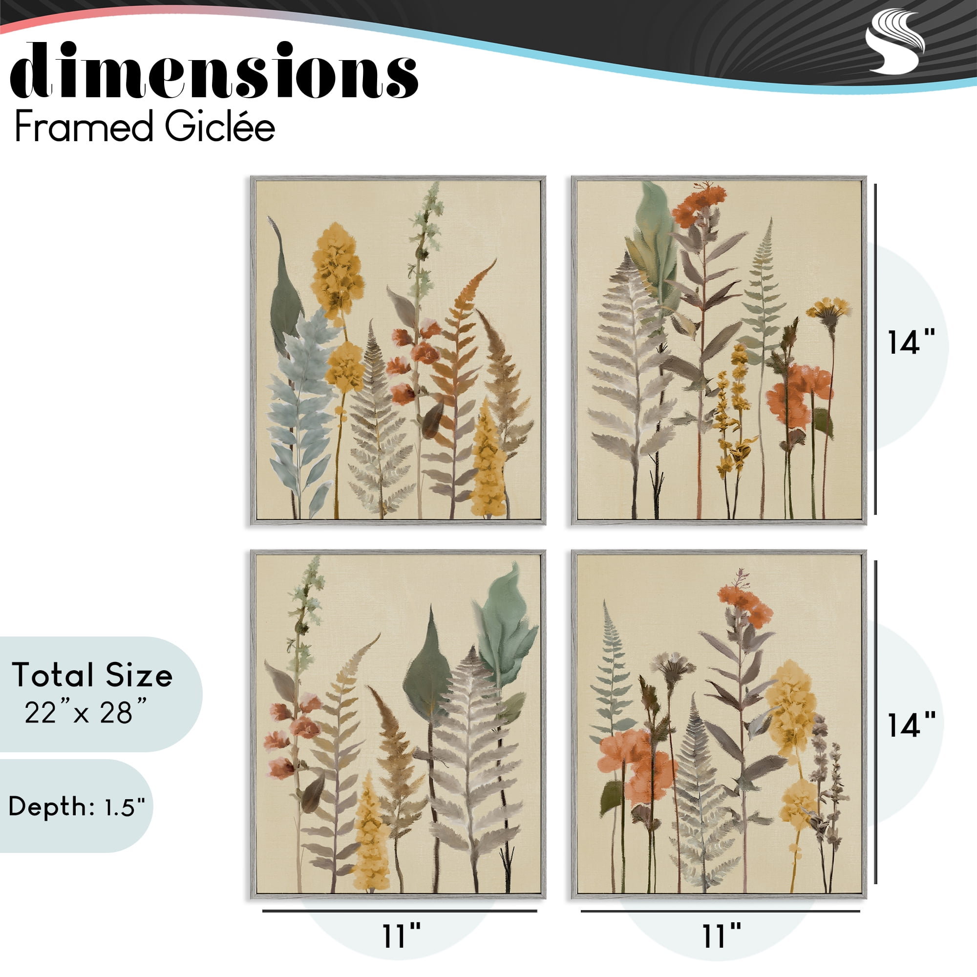 Stupell Industries Wispy Earthy Botanicals 4 Piece Gray Framed Giclee Art Set, design by Elizabeth Medley