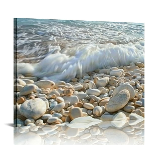 BCIIG Waves Rocks Sand Canvas Art Print Wall Decor for Living Room Bedroom Home Office, High Resolution Image Ready to Hang, Quality Handmade Artwork 20x16in