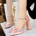 thumbnail image 6 of Women Square Toe High Heels 9CM Sexy Pumps Adjustable Buckle Strap Faux Suede Bow Fashion Dress Shoes Wedding Evening Party, 6 of 7