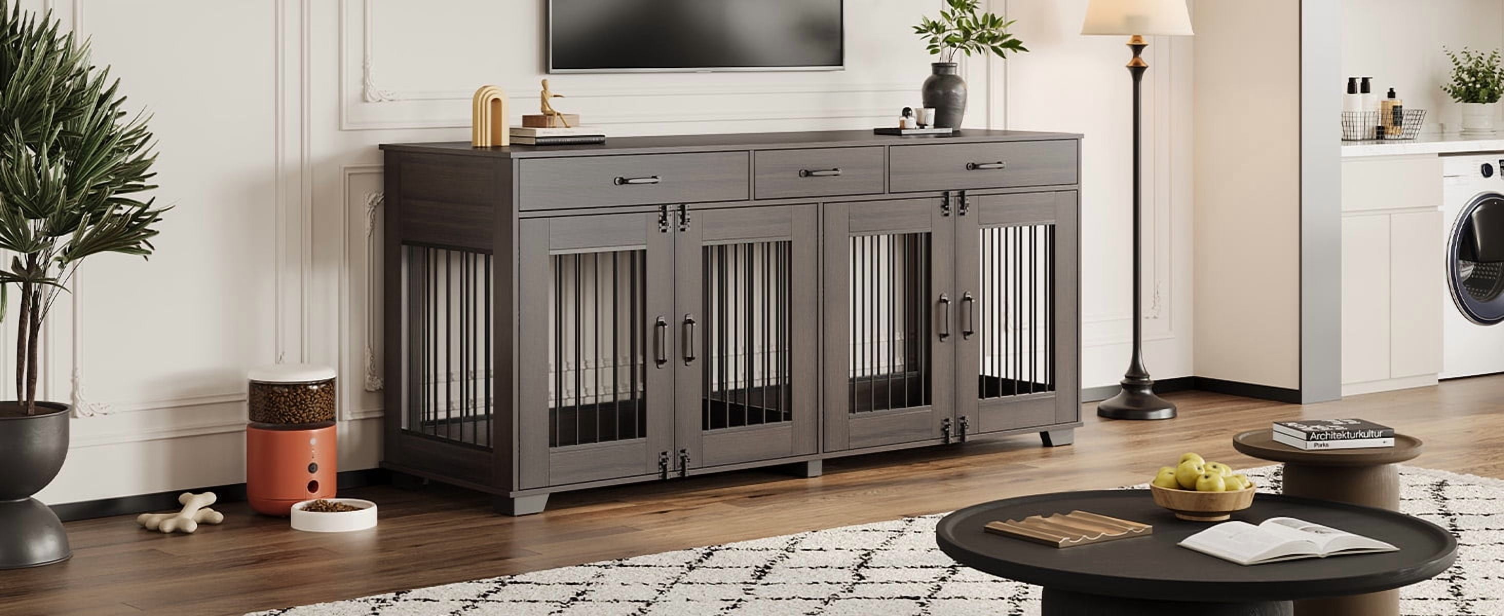 71-Inch Large Dog Crate with 3 Drawers for 2 Dogs, Spacious Wooden Indoor Kennel with Divider, Large Breed Dog Crate and TV Stand, Perfect for Medium Large Dogs
