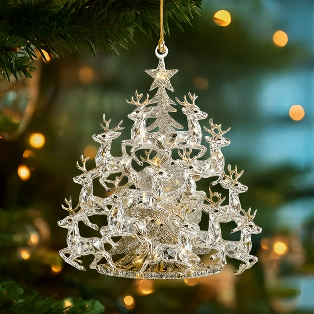 Fwttom Acrylic Reindeer Christmas Tree Ornament Lighted Hanging Decor with Crystal Like Festive Holiday Tree Accessory