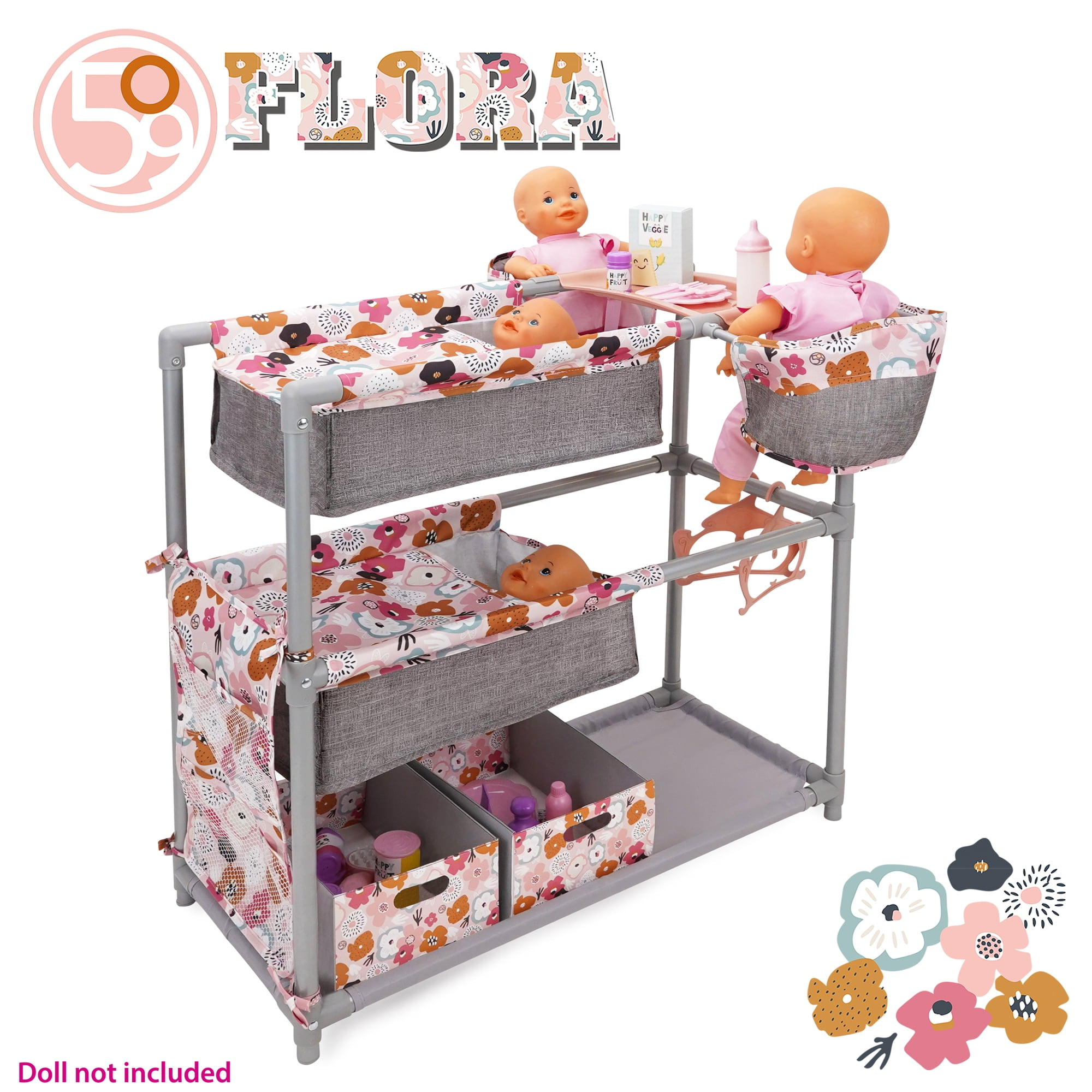 509 Crew: Melange Flora - Twin Center & Accessories Set - Gray-Pink-Flower, Bunk Bed Highchair Station, 15 Feeding-Grooming Accessory Toys, Kids 3+