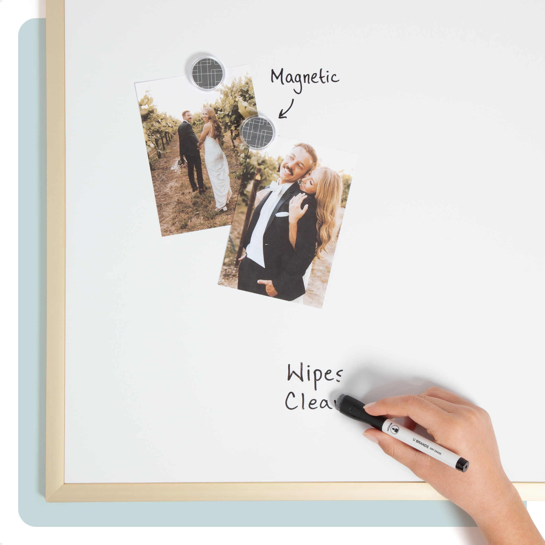 U Brands 35 x 23 in. Magnetic Dry Erase Board, Gold Metal Frame, Includes 2 Magnets, Marker, Tray