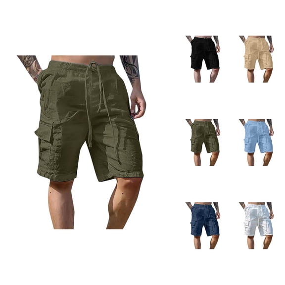 Bermuda Cargo Shorts for Men Summer Casual Cotton Linen Elastic Waist Straight Leg Lightweight Beach Shorts with Pockets